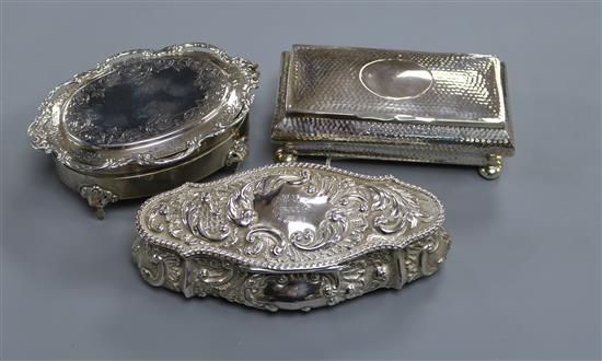 Three large silver trinket boxes, W 16cm (largest)